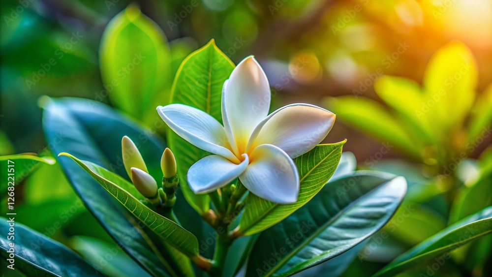 Obraz premium Long Exposure Tiare Tahiti Flower Bud in Serene Tropical Garden - Ethereal Gardenia Taitensis Bloom