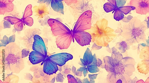 Watercolor butterflies and flowers seamless pattern.