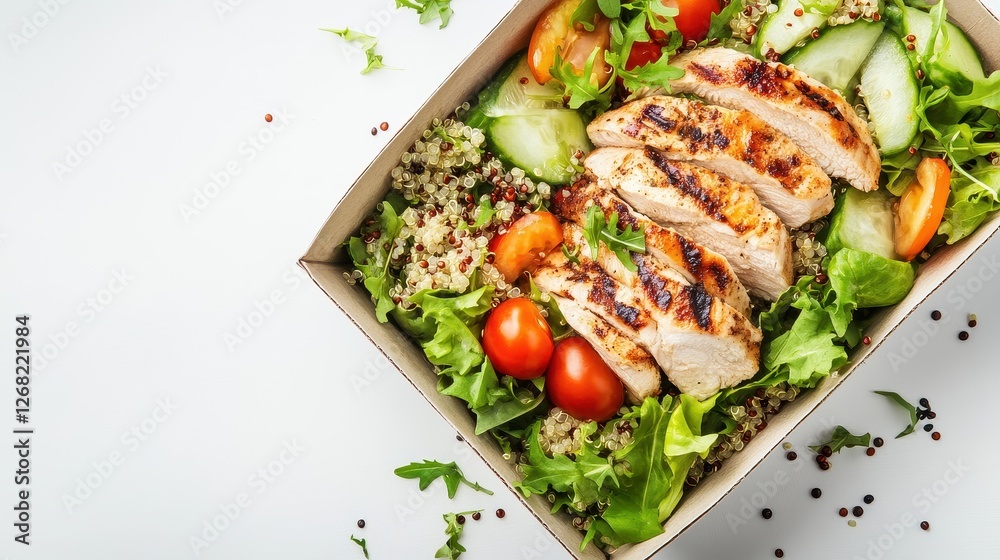 Freshly prepared salad with grilled chicken, quinoa, and mixed vegetables, neatly packed in a recyclable box, isolated on white background with copy space. Freshly prepared salad with grilled chicken, quinoa, and mixed vegetables, neatly packed in a recyclable box, isolated on white background with copy space.