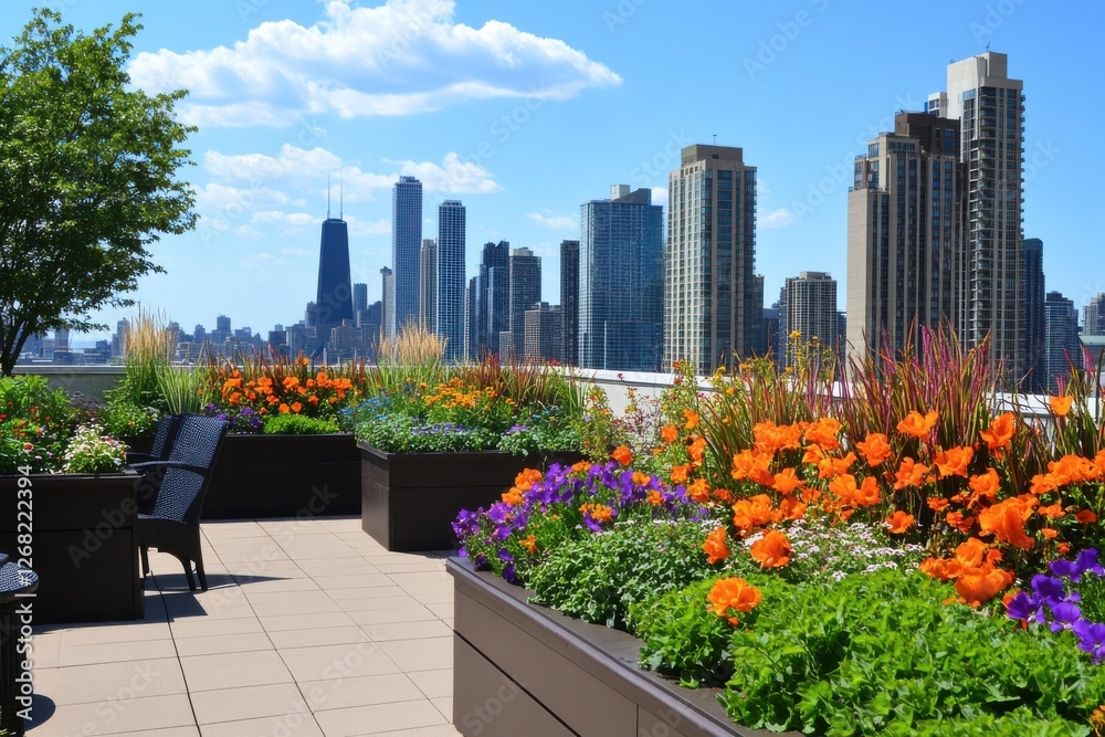 Fototapeta premium A lush rooftop garden with various plants and flowers
