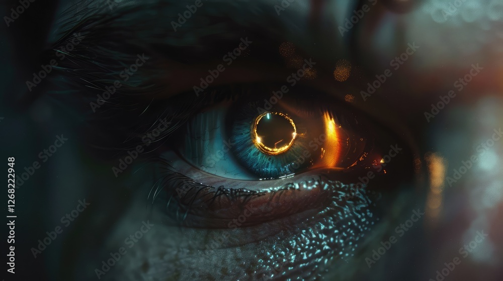 Close-up of a human eye with a glowing circular reflection, showcasing intricate details and vibrant colors Close-up of a human eye with a glowing circular reflection, showcasing intricate details and vibrant colors
