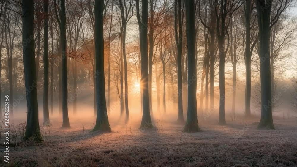 Misty forest with dense trees covered in fog, serene and mysterious landscape. Misty forest with dense trees covered in fog, serene and mysterious landscape.