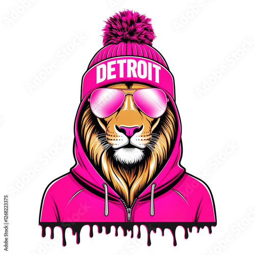 Detroit Lion Cool Urban Pink Streetwear PNG, Hip Hop Lion with Beanie and Drip Hoodie Graphic