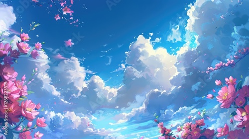 A vibrant sky filled with fluffy clouds and pink blossoms framing a serene landscape under a bright blue atmosphere