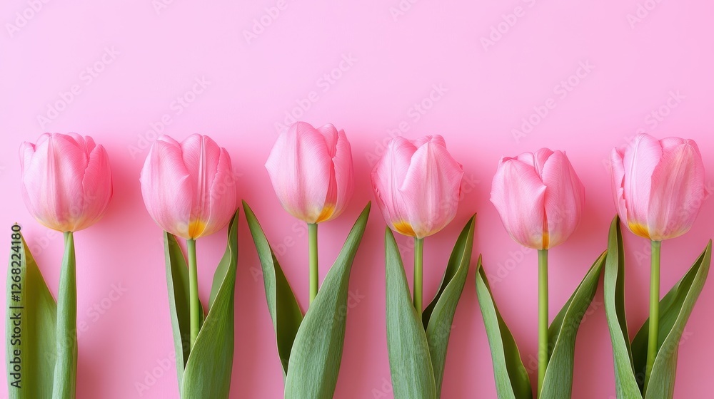 A row of delicate pink tulips with green leaves against a soft pink background, creating a fresh and vibrant floral display. A row of delicate pink tulips with green leaves against a soft pink background, creating a fresh and vibrant floral display.