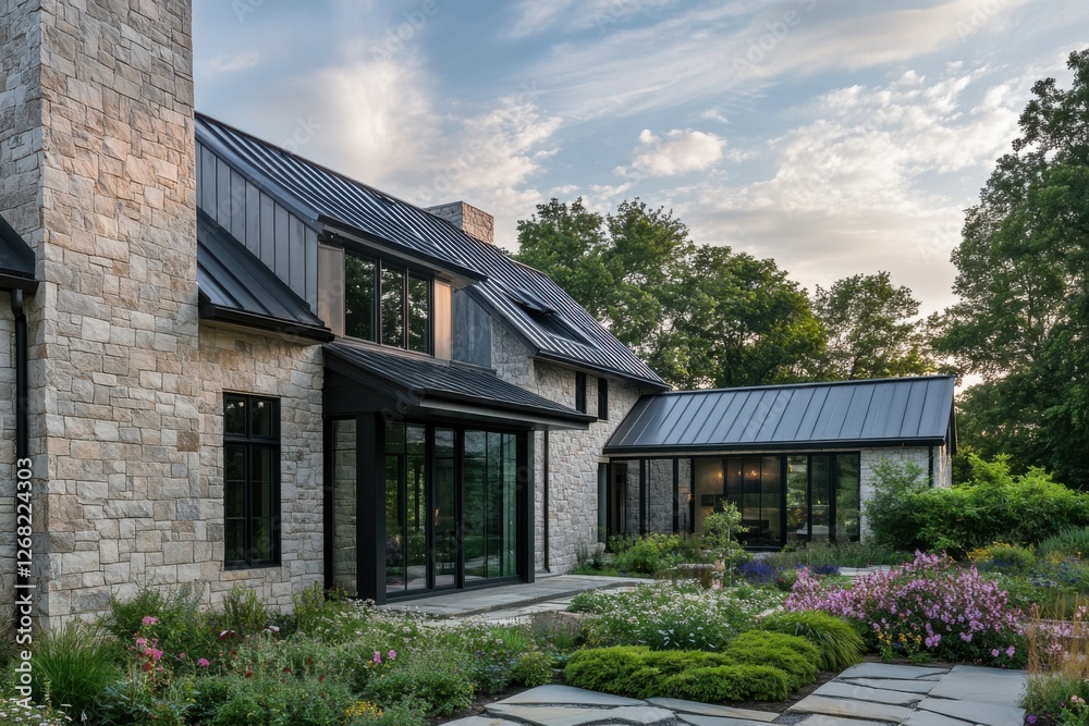 A beautifully designed modern stone house, surrounded by a lush garden, showcases stunning architecture that is even more breathtaking at sunset A beautifully designed modern stone house, surrounded by a lush garden, showcases stunning architecture that is even more breathtaking at sunset
