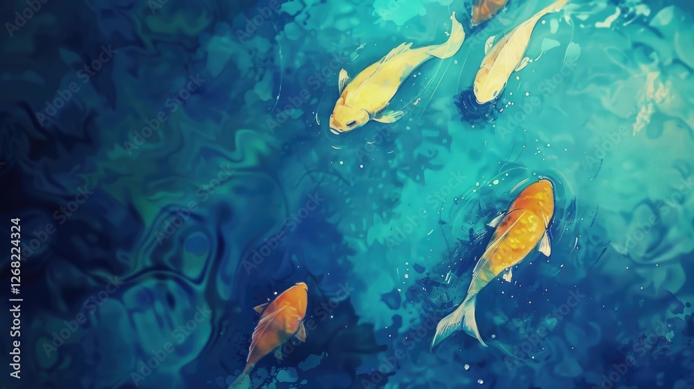 Colorful koi fish swimming gracefully in a serene blue pond, surrounded by rippling water and aquatic plants Colorful koi fish swimming gracefully in a serene blue pond, surrounded by rippling water and aquatic plants