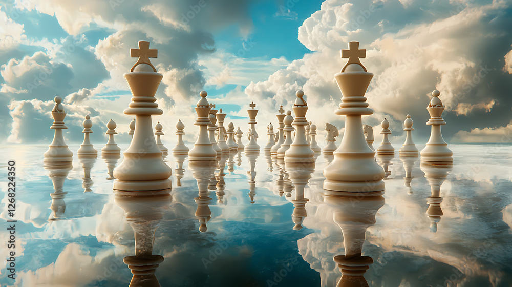 Fototapeta premium Surreal landscape of ocean with chess pieces reflecting in water