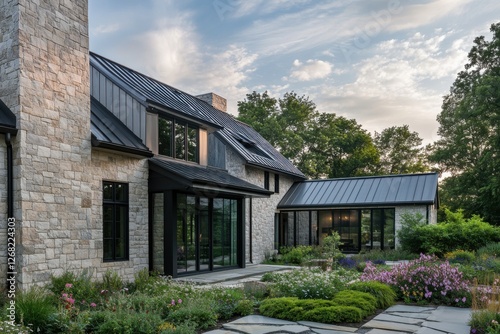 A beautifully designed modern stone house, surrounded by a lush garden, showcases stunning architecture that is even more breathtaking at sunset