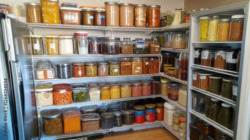 Fototapeta premium Neatly organized refrigerator with labeled food categories on shelves