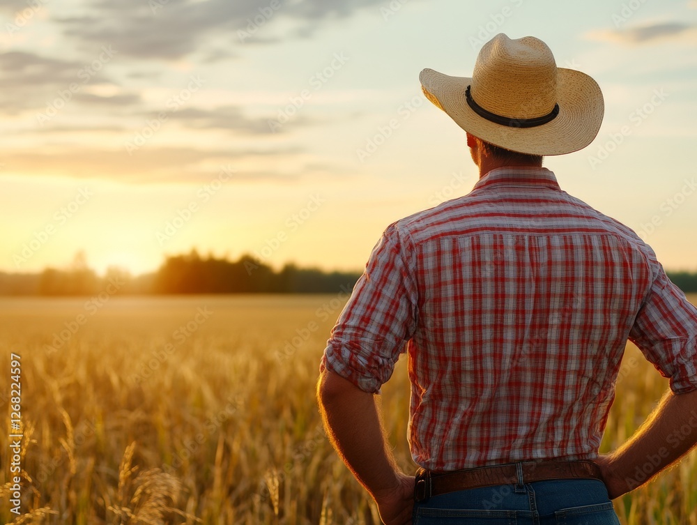 Wheat field at sunset with farmer in cowboy hat looking over golden crops in warm glowing light agricultural landscape rural serenity harvest season Wheat field at sunset with farmer in cowboy hat looking over golden crops in warm glowing light agricultural landscape rural serenity harvest season