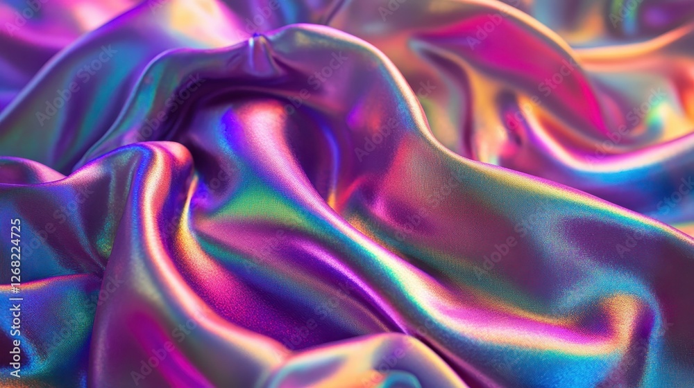 Obraz premium A vibrant, iridescent fabric flows gracefully, showcasing hues of purple, blue, and gold. The silky texture creates a mesmerizing visual effect.