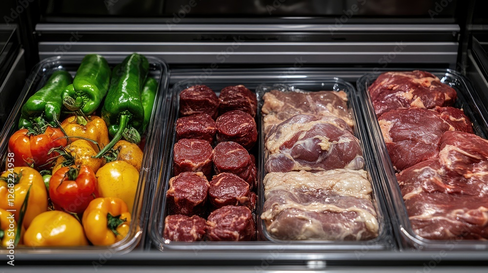 Organized fridge interior with frozen meats stored at the bottom Organized fridge interior with frozen meats stored at the bottom