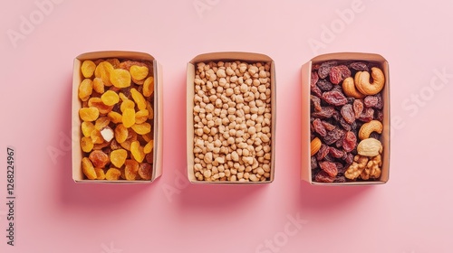 Healthy snack boxes with nuts, dried fruits, and organic treats, lifestyle concept. photo