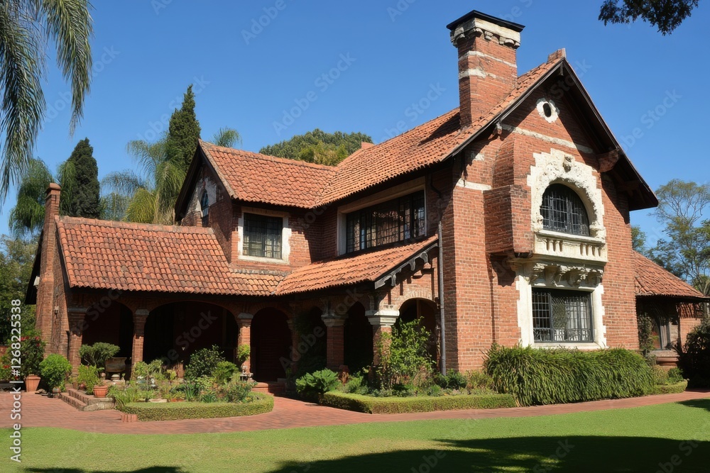 Historic brick house with tiled roof and beautiful garden in bright daylight, showcasing classic architectural style from early 20th century Historic brick house with tiled roof and beautiful garden in bright daylight, showcasing classic architectural style from early 20th century