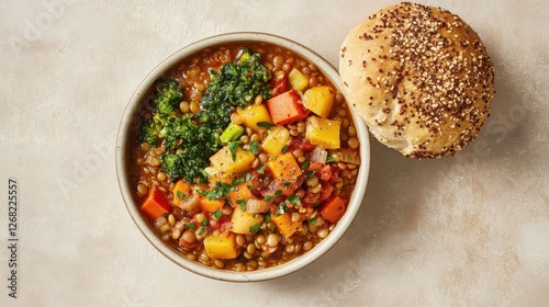 Hearty lentil and vegetable stew, served in a microwave-safe bowl, accompanied by a whole grain roll, all placed on a neutral background with copy space.  photo