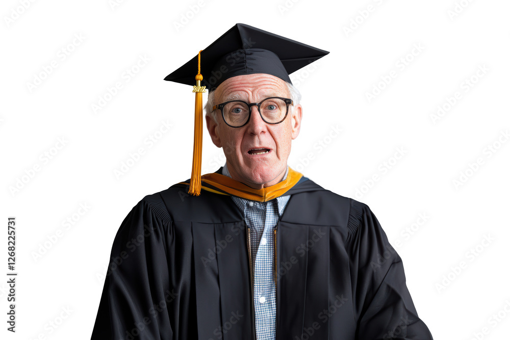 A proud elder graduate stands wearing a cap and gown, expressing joy and accomplishment after completing university studies. Isolated on green chroma background A proud elder graduate stands wearing a cap and gown, expressing joy and accomplishment after completing university studies. Isolated on green chroma background