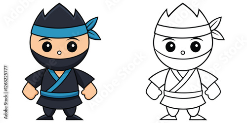 Cute Black Ninja Cartoon Character Coloring Book For Kids Printable Outline Vector