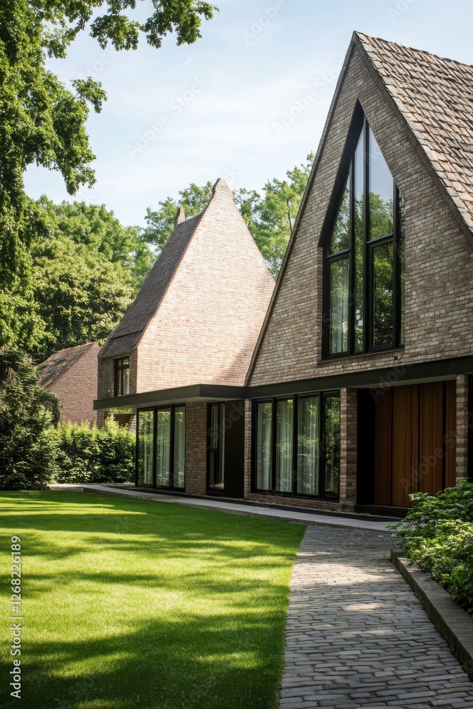 Modern architectural design blends with nature in a serene garden setting featuring angular roofs and expansive glass walls surrounded by lush greenery Modern architectural design blends with nature in a serene garden setting featuring angular roofs and expansive glass walls surrounded by lush greenery