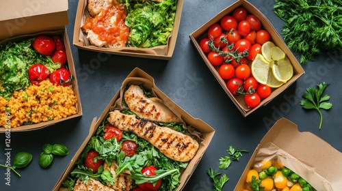 Meal delivery boxes with nutritious dishes, convenience and wellness theme.  photo