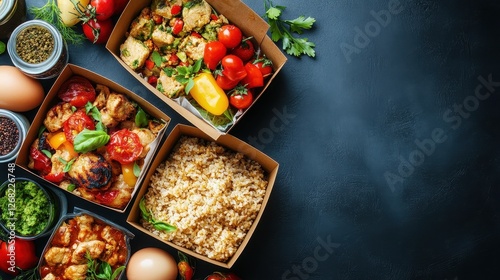 Meal delivery boxes with nutritious dishes, convenience and wellness theme.  photo