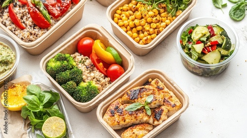 Meal delivery boxes with nutritious dishes, convenience and wellness theme.  photo