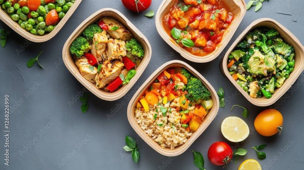 Meal delivery boxes with nutritious dishes, convenience and wellness theme. Meal delivery boxes with nutritious dishes, convenience and wellness theme.