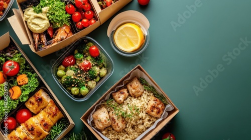 Meal delivery boxes with nutritious dishes, convenience and wellness theme.  photo