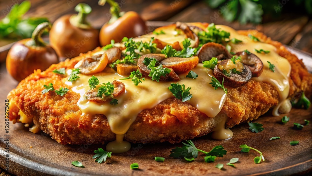 Macro Close-up of Crispy Schnitzel with Sautéed Mushrooms and Melted Cheese Macro Close-up of Crispy Schnitzel with Sautéed Mushrooms and Melted Cheese