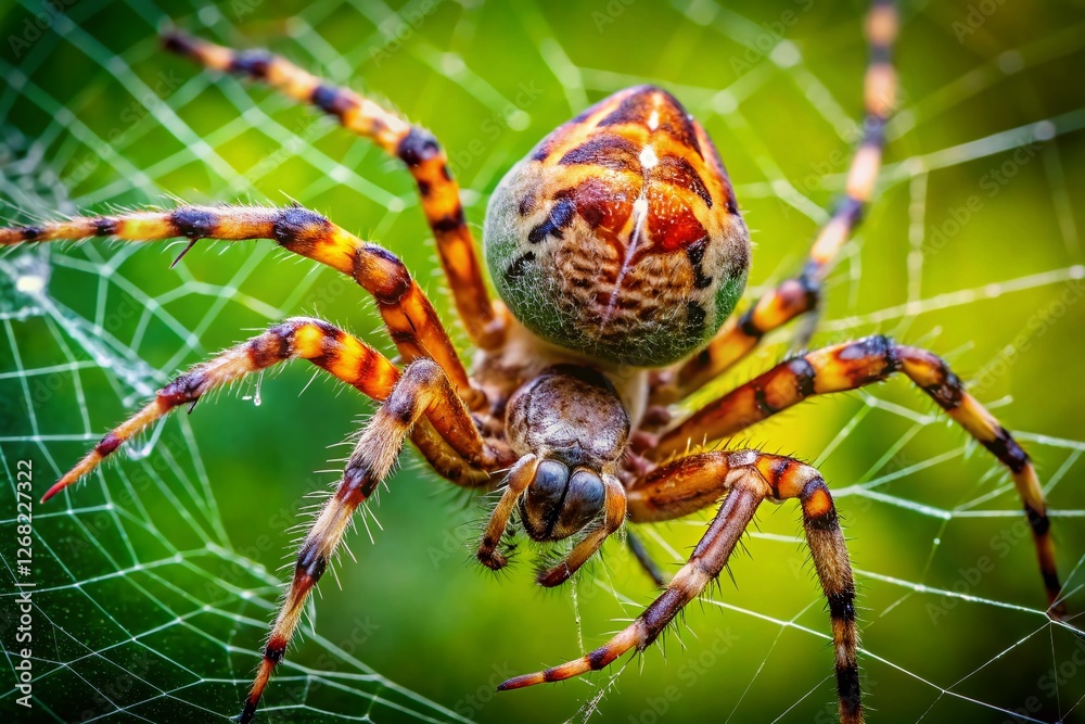 Macro Close-up of Cross Orbweaver Spider on Web with Prey, Green Nature Background Macro Close-up of Cross Orbweaver Spider on Web with Prey, Green Nature Background