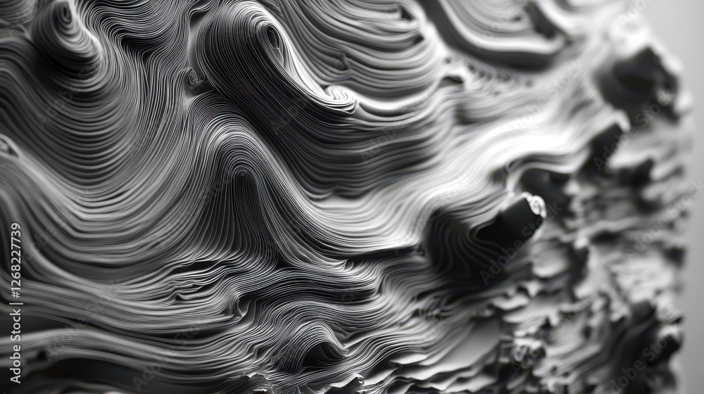 Obraz premium A close-up view of an abstract black and white sculpture, showcasing intricate, flowing lines that create a mesmerizing texture and depth.