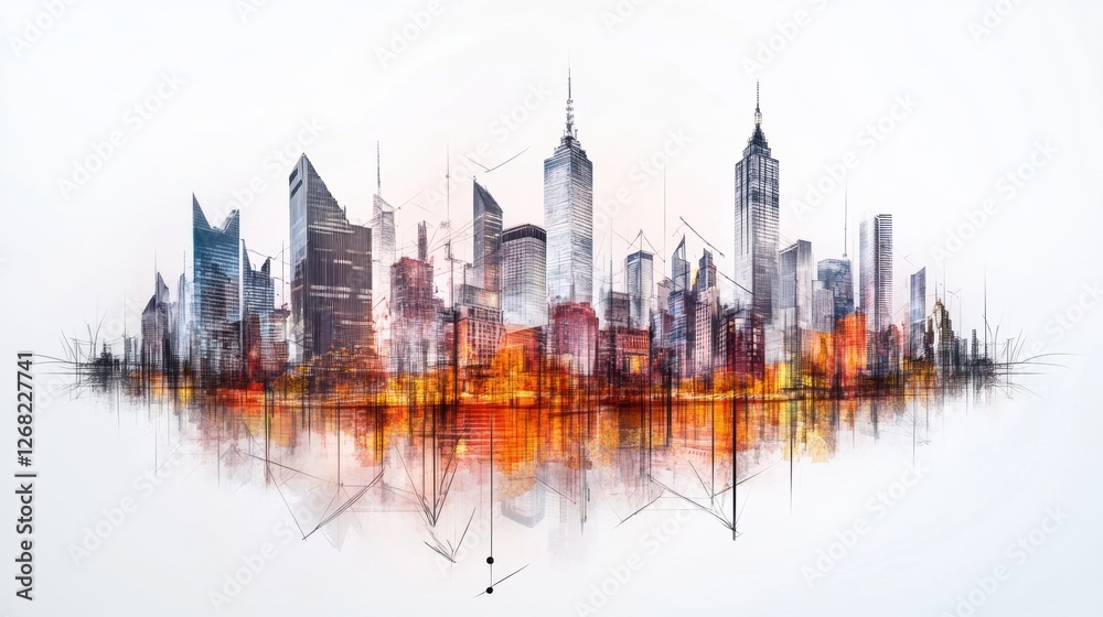 Naklejka premium Abstract city skyline with vibrant colors and reflections.