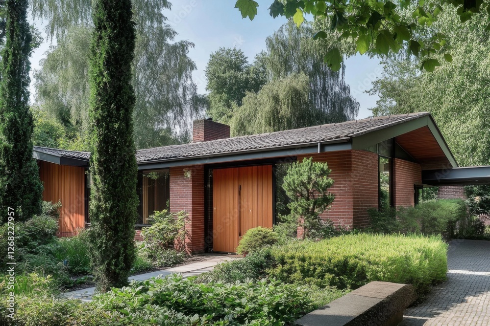 Modern architectural design of a brown brick house surrounded by lush greenery and mature trees in a serene suburban neighborhood during daytime Modern architectural design of a brown brick house surrounded by lush greenery and mature trees in a serene suburban neighborhood during daytime