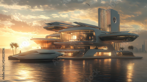 Sun-powered residence, modern architecture incorporating solar energy solutions. Solar-Powered Floating Temples. Illustration photo