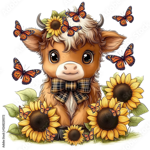 Highland Cow PNG, Cute Sunflower Cow with Monarch Butterflies, Rustic Farmhouse Sublimation, PNG Graphic Design.