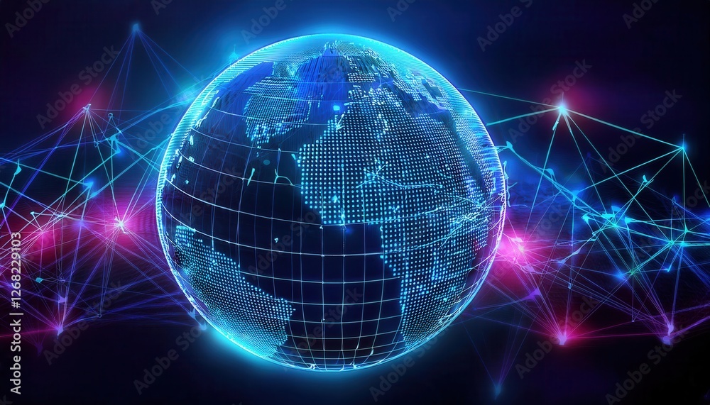 Firefly Neon Wireframe Globe with Floating Data Points and Connections Firefly Neon Wireframe Globe with Floating Data Points and Connections