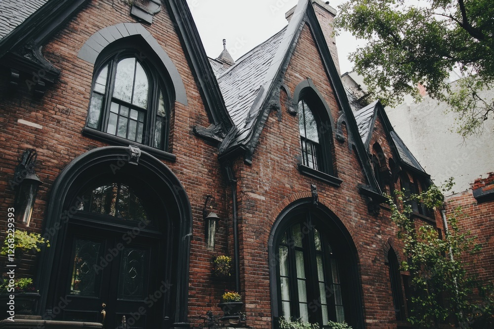 This charming brick mansion features intricate architectural details and is beautifully set amidst lush greenery in a serene neighborhood, even on a cloudy day This charming brick mansion features intricate architectural details and is beautifully set amidst lush greenery in a serene neighborhood, even on a cloudy day