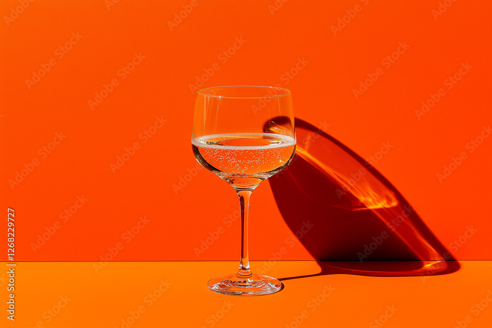Wine Glass with Sparkling Liquid on Orange Background Wine Glass with Sparkling Liquid on Orange Background