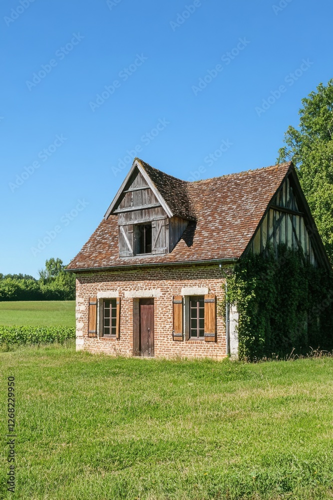 A charming rustic house featuring a traditional thatched roof rests peacefully amidst expansive open fields on a bright and beautiful day in the countryside A charming rustic house featuring a traditional thatched roof rests peacefully amidst expansive open fields on a bright and beautiful day in the countryside