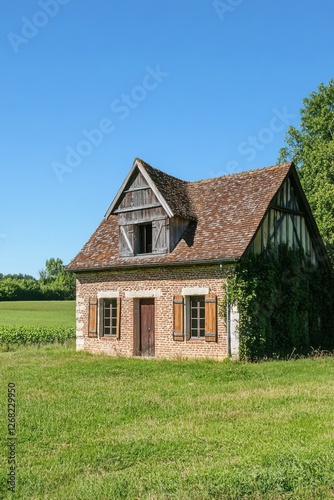 Wallpaper Mural A charming rustic house featuring a traditional thatched roof rests peacefully amidst expansive open fields on a bright and beautiful day in the countryside Torontodigital.ca