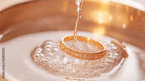 A close-up of a gold ring being dipped into a transparent cleaning liquid photo