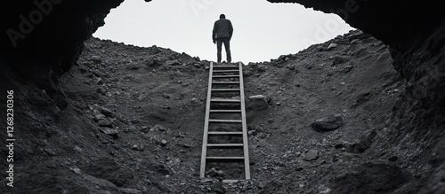 Man standing atop a ladder in a dark pit.
