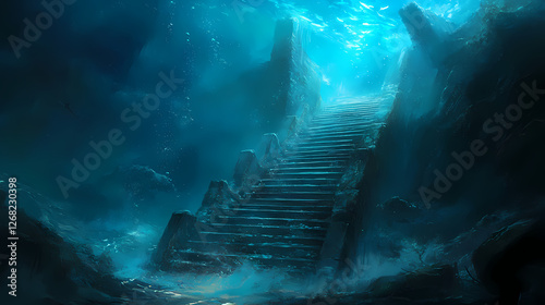 Mysterious underwater staircase: an enigmatic descent into a sunken realm. Chasm of the Forgotten. Illustration
