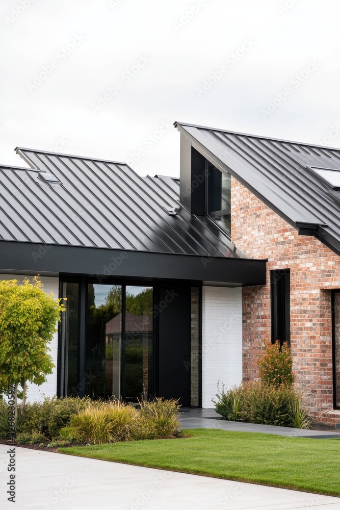 custom made wallpaper toronto digitalModern residential architecture featuring a sleek black metal roof and contemporary brick facade in a suburban setting during daylight