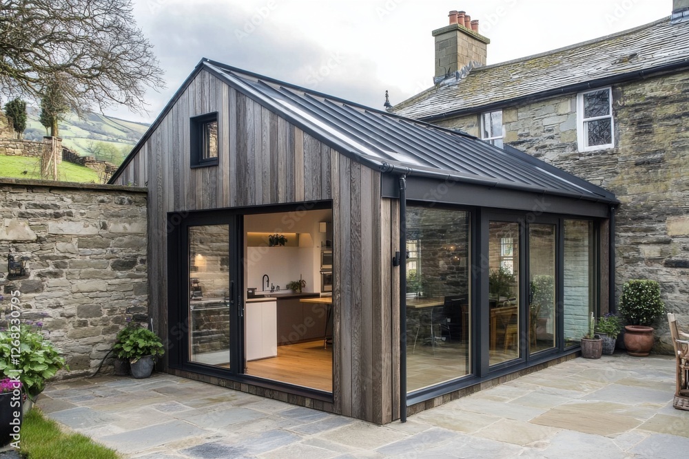 A chic and modern extension elegantly merges contemporary design elements with a classic stone cottage, all nestled in a picturesque rural landscape A chic and modern extension elegantly merges contemporary design elements with a classic stone cottage, all nestled in a picturesque rural landscape