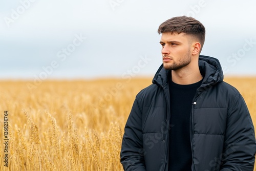 Young man in black jacket standing in golden wheat field under overcast sky symbolizing solitude reflection resilience and the beauty of simple rural landscapes