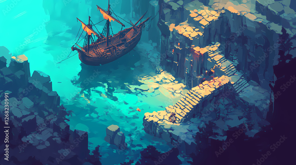 Obraz premium Sunken pirate ship hidden in a fantastical underwater realm. Chasm of the Forgotten. Illustration