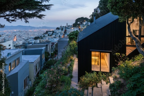 A distinctive modern black house elegantly perched on a hillside, offering breathtaking urban views that come alive during twilight in San Francisco