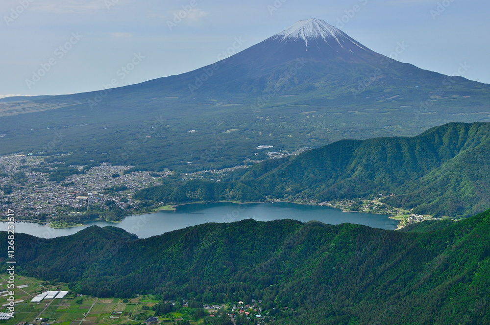 Fototapeta premium 御坂山地の中藤山より 春の富士山を望み河口湖を見下ろす 