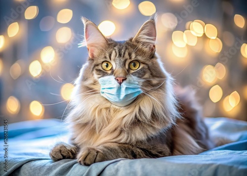 Maine Coon Cat & Medical Mask:  Bokeh Focus on Respiratory Health